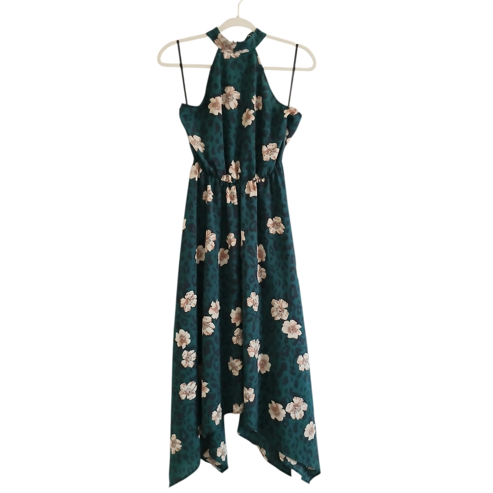 AX Paris Dress Women's 12 Green Leopard Floral High Neck Handkercheif Hem Zip